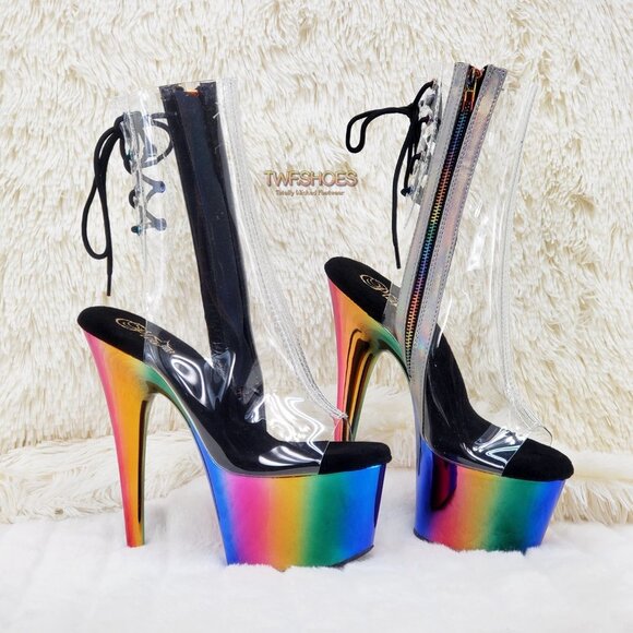 Rainbow Platform High Heel Clear Upper Ankle Boots - Picture 11 of 15